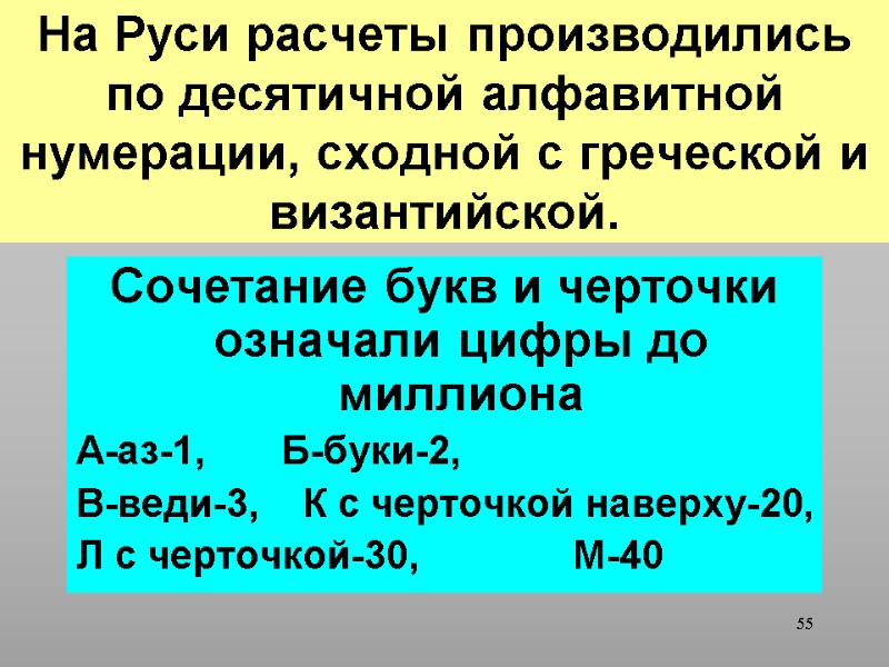 55 На Руси расчеты производились по десятичной алфавитной нумерации, сходной с греческой и византийской.